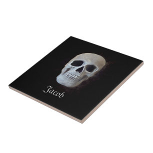 Skull Black And White Gothic Trendy Art Design Tile