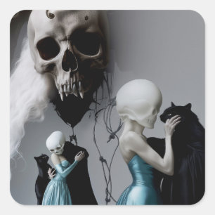 Skull Black Cat Shadow Work Occult Witchy AI Art Square Sticker