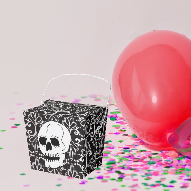 Skull Black White Damask Scrolls Favour Box (White skull on classy black and white damask pattern on chinese Food shaped favor box.)