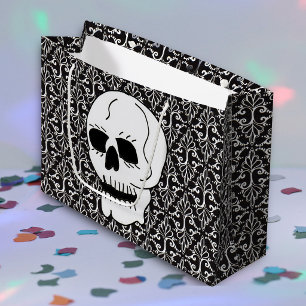 Skull Black White Damask Scrolls Large Gift Bag