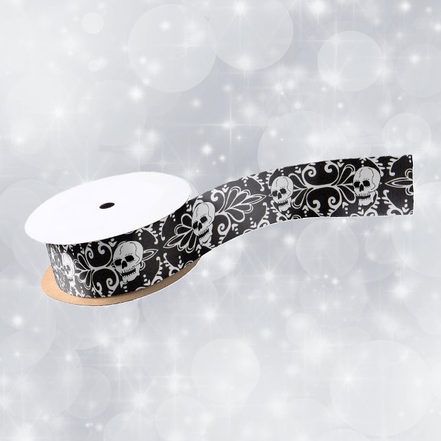 Skull Black White Damask Scrolls Satin Ribbon (White Skulls on black white damask pattern on roll of craft or gift wrap ribbon.)