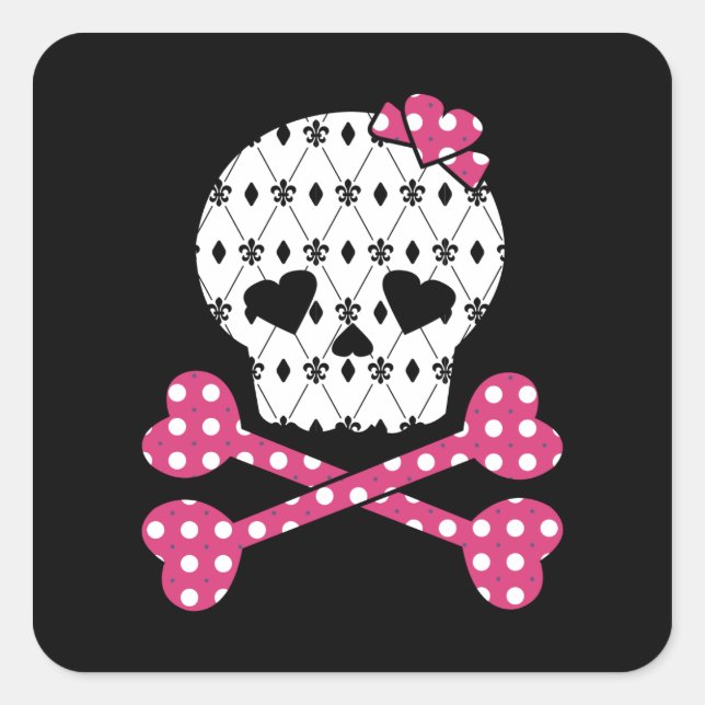 Skull & Bones Fleur-de-lis Pink Polka Dot Square Sticker (Front)