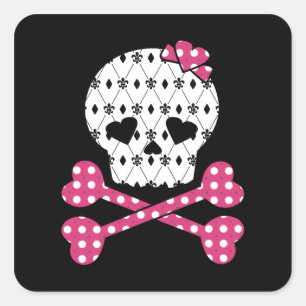 Skull & Bones Fleur-de-lis Pink Polka Dot Square Sticker