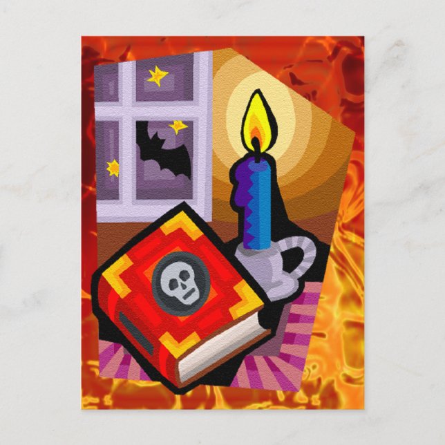 Skull Book, Candle Stick and Bat Outside Postcard (Front)