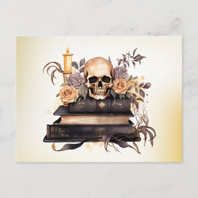 Skull Books Grey and Gold Roses Green Halloween Holiday Postcard (Front)
