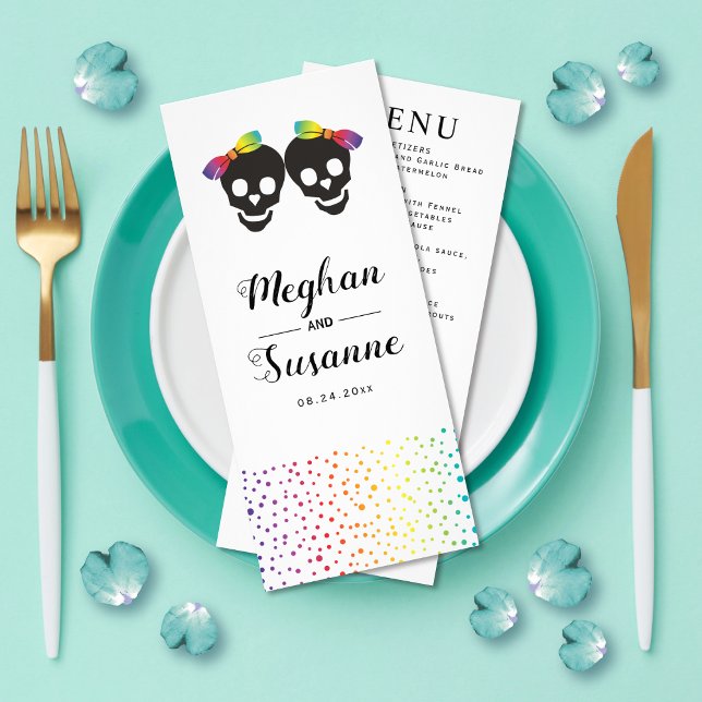 Skull brides, rainbow lesbian wedding menu card (Creator Uploaded)