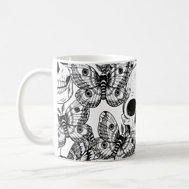 Skull, butterflies: hand-drawn vintage pattern coffee mug (Left)