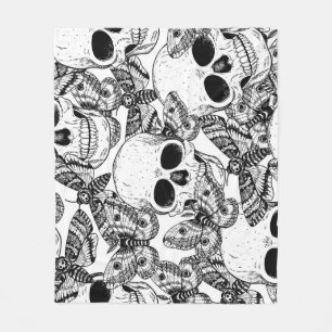 Skull, butterflies: hand-drawn vintage pattern fleece blanket
