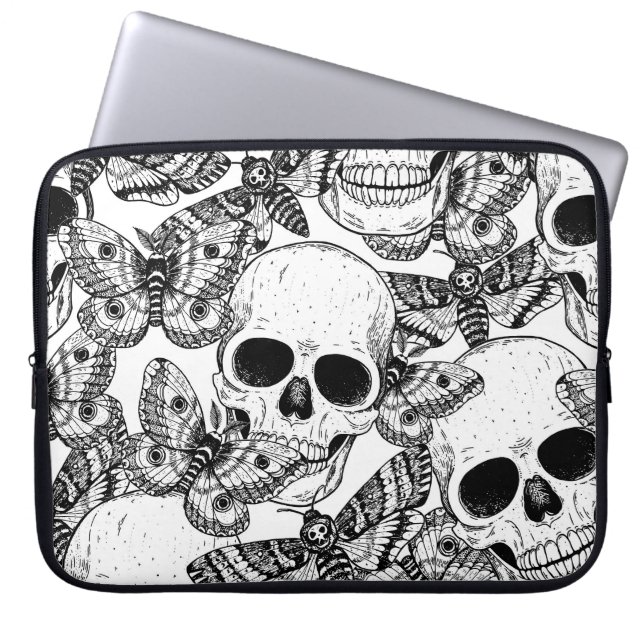 Skull, butterflies: hand-drawn vintage pattern laptop sleeve (Front)