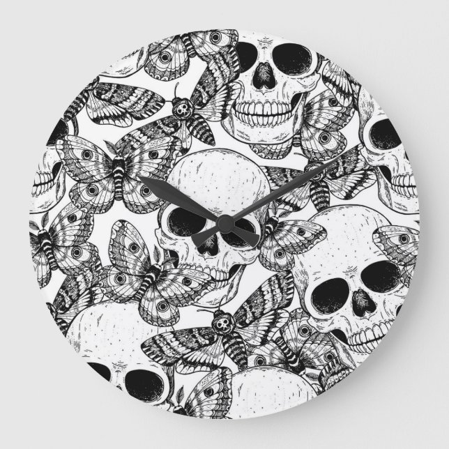 Skull, butterflies: hand-drawn vintage pattern large clock (Front)