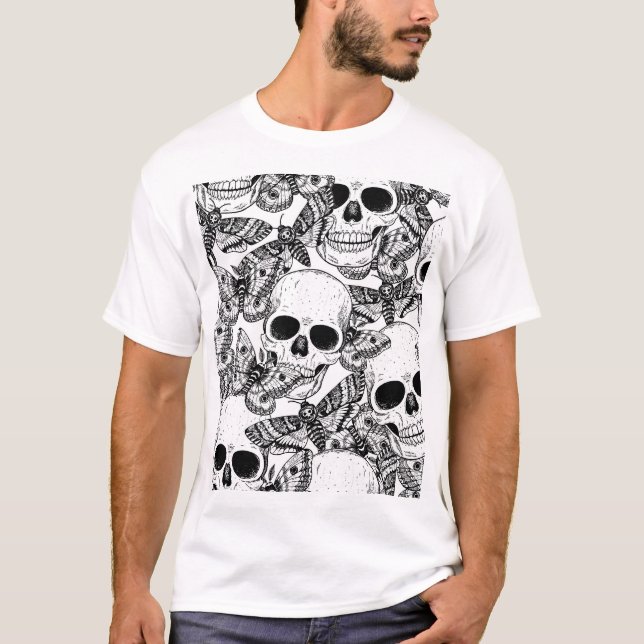 Skull, butterflies: hand-drawn vintage pattern T-Shirt (Front)