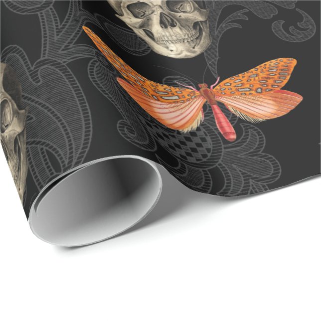 Skull & Butterfly Black Lace Wrapping Paper (Roll Corner)