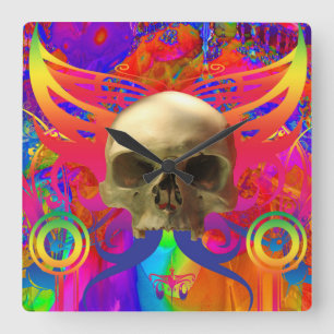 Skull Butterfly in Colour Square Wall Clock