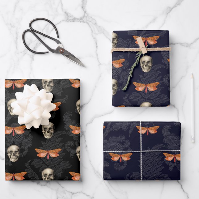 Skull & Butterfly Lace Halloween Wrapping Paper (Front)