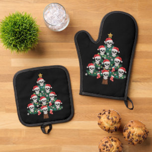 Skull Christmas Tree Pajama Cool Skeleton Santa Oven Mitt & Pot Holder Set