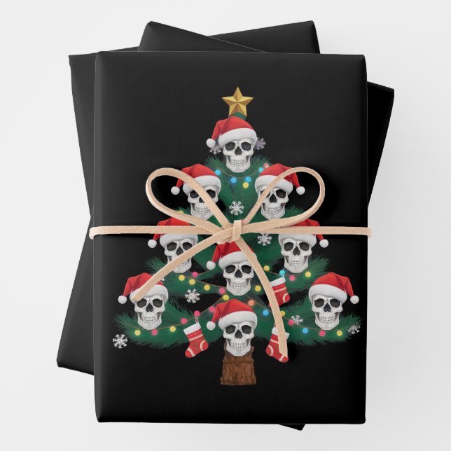 Skull Christmas Tree Pajama Cool Skeleton Santa  Wrapping Paper Sheet (In situ)