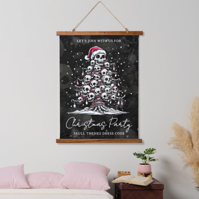 Skull Christmas Tree Pajama Skeleton Santa Hat Hanging Tapestry (Bedroom)