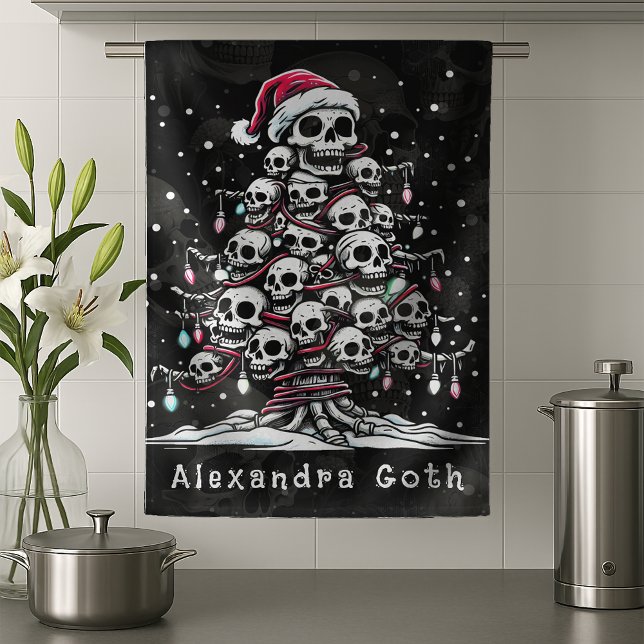 Skull Christmas Tree Pajama Skeleton Santa Hat Tea Towel (Creator Uploaded)