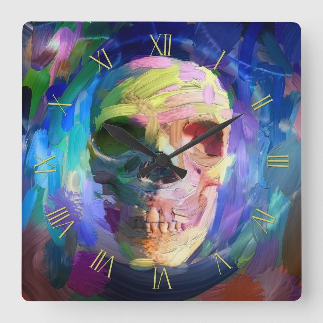 Skull colourful painting square wall clock (Front)