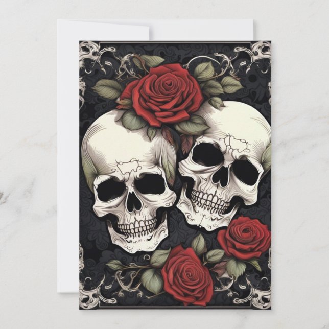 Skull Couple and Roses Gothic Elegance Wedding Invitation (Front)
