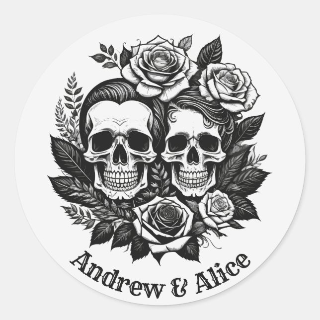 Skull couple custom name T-Shirt Classic Round Sticker (Front)