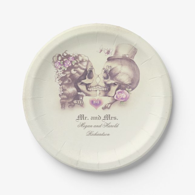 Skull Couple Gothic Purple Wedding Paper Plate (Front)