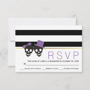 Skull couple stripes purple Halloween wedding RSVP