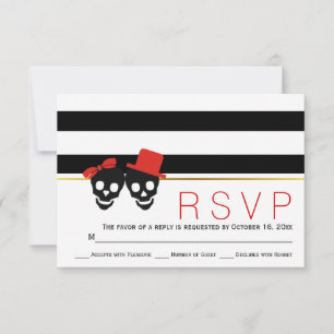 Skull couple, stripes red Halloween wedding RSVP