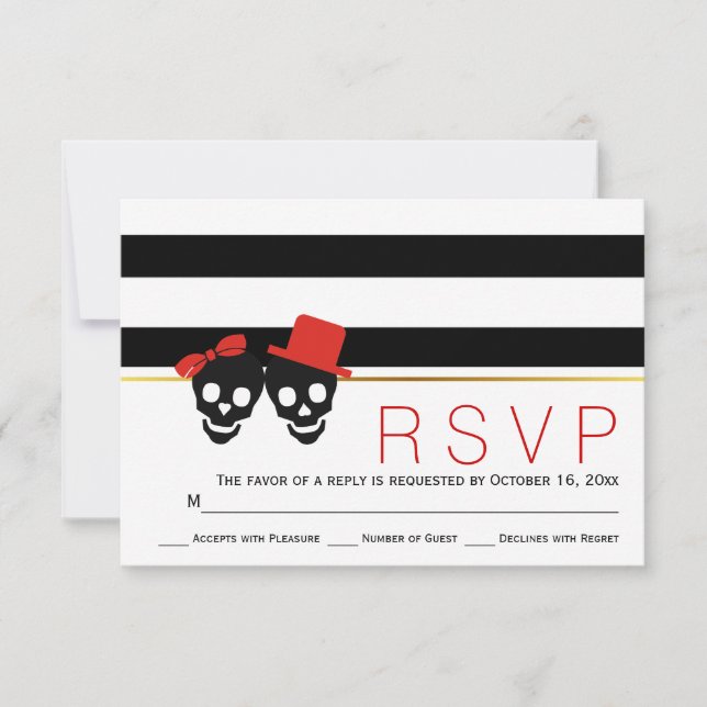 Skull couple, stripes red Halloween wedding RSVP (Front)