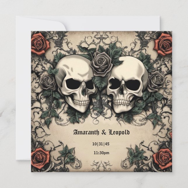 Skull Couple with Roses Gothic Halloween Wedding Invitation (Front)