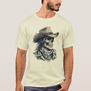 Skull Cowboy Hat Sketch Art T-Shirt
