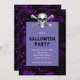 Skull Crossbones Purple Splattered Halloween Party Invitation