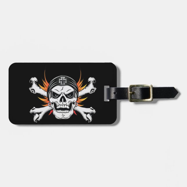 Skull Crossbones with Flaming Wings Luggage Tag (Front Horizontal)