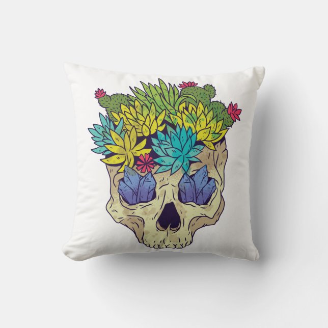 Skull, Crystals, Succulents, on Light Background Cushion (Front)