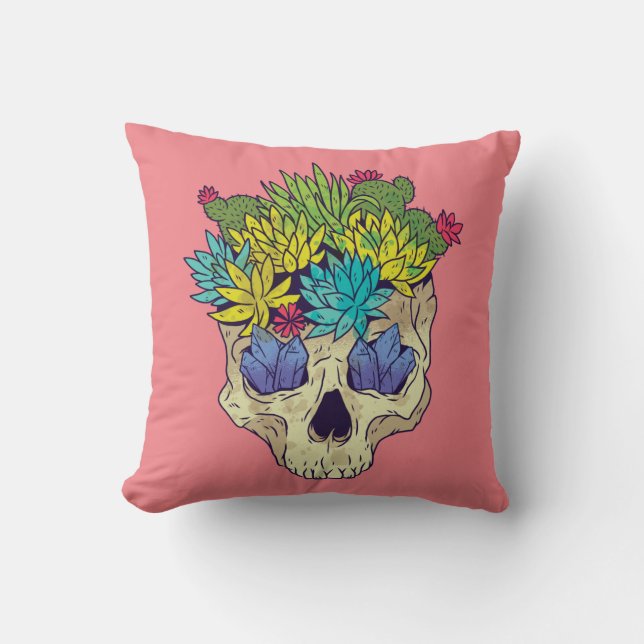 Skull, Crystals, Succulents With Pink Background Cushion (Front)
