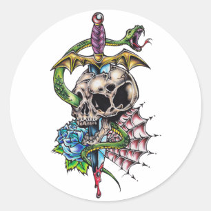 Skull & Dagger Tattoo Classic Round Sticker