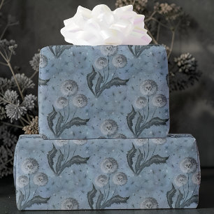 Skull Dandelion Gothic Botanical Blue Wrapping Paper