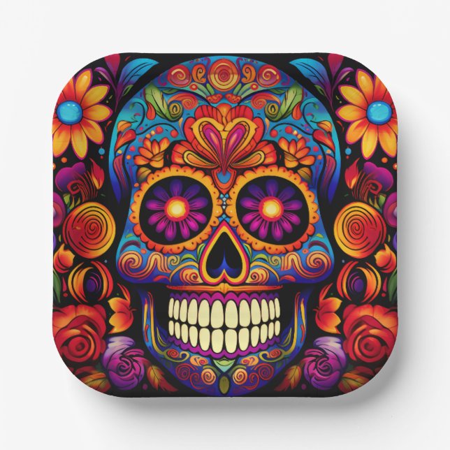 Skull Day of the Dead Colourful Paper Plate (Front)