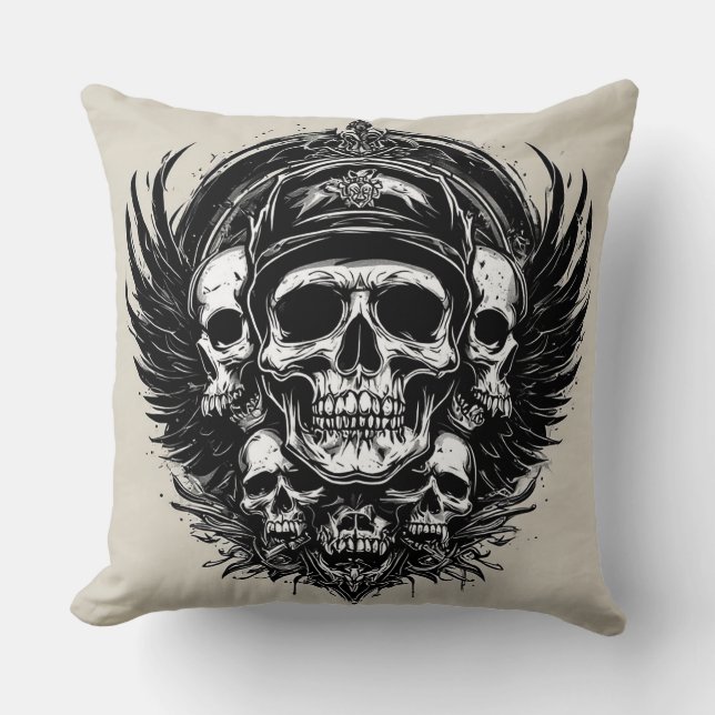 Skull Design Featuring Wings and Symbols Cushion (Front)
