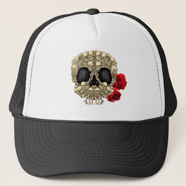 Skull Design - Pyramid of Skulls and Roses Trucker Hat (Front)