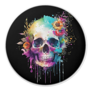 Skull design with colourful splatters ceramic knob