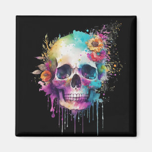 Skull design with colourful splatters magnet