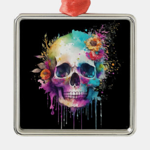 Skull design with colourful splatters metal tree decoration