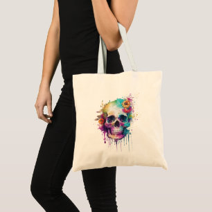 Skull design with colourful splatters tote bag