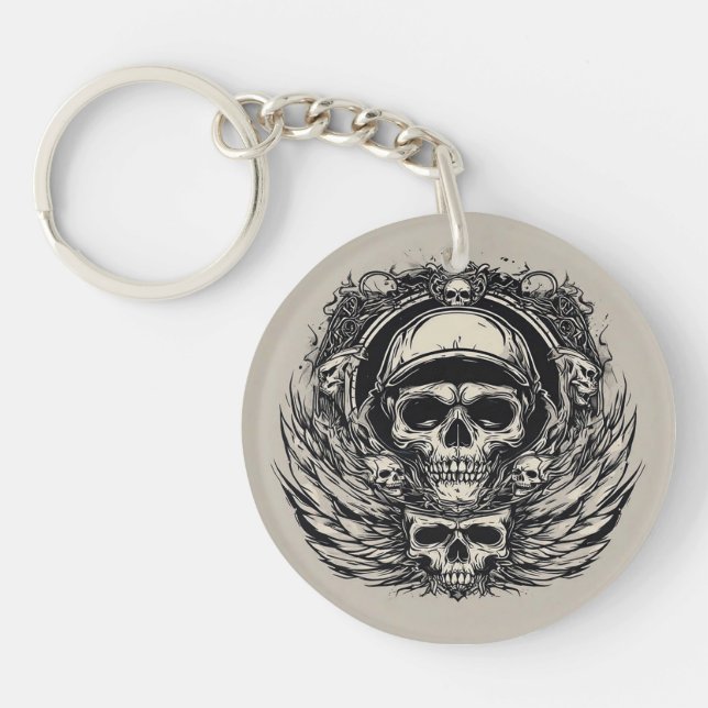 Skull Design with Wings and Symbols Key Ring (Front)