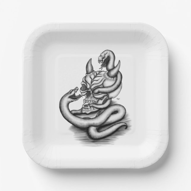 Skull - Devil Head with Snake Paper Plate (Front)