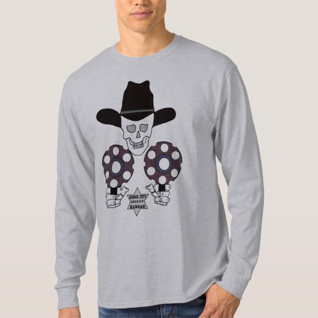 skull double gun badge Dodge City, Kansas sheriff T-Shirt (Front)
