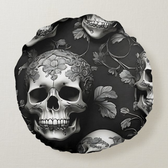 Skull edgy mysterious round cushion (Back)
