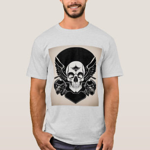 Skull Emblem With Wings and Ornamental Details T-Shirt