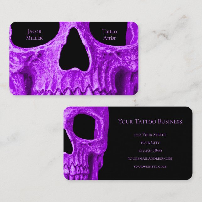 Skull Face Gothic Neon Purple Black Tattoo Shop Calling Card (Front/Back)